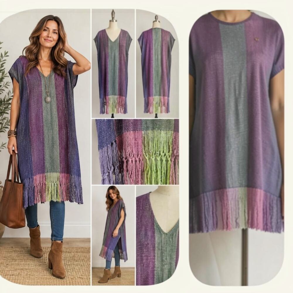 Handwoven Boho Striped Tunic Kaftan Fringe Purple Green Burgundy Artisan Dress